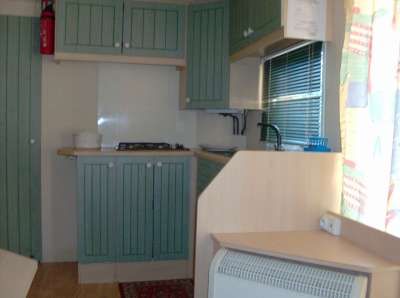 Cucina compatta con mobili verdi, piano cottura e lavello.