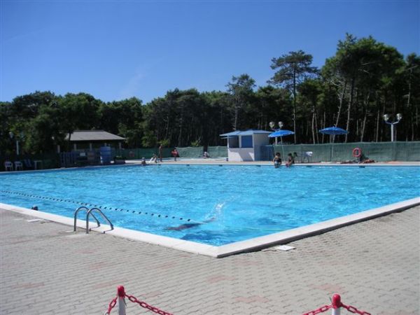 Piscina all'aperto con persone che nuotano, circondata da alberi.