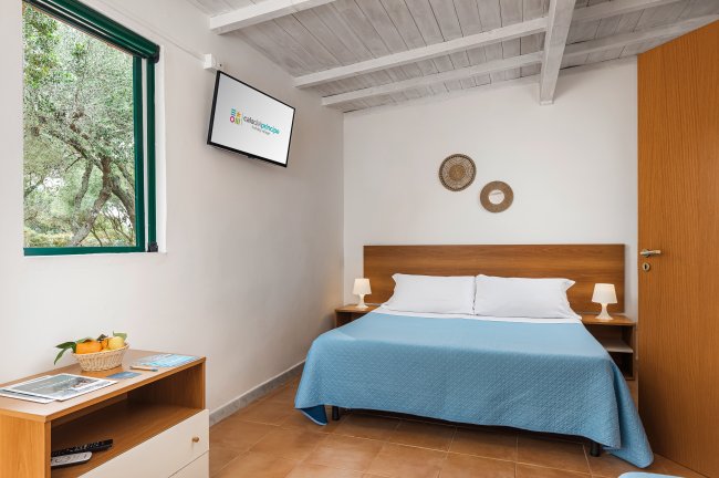 Camera da letto semplice con letto matrimoniale.