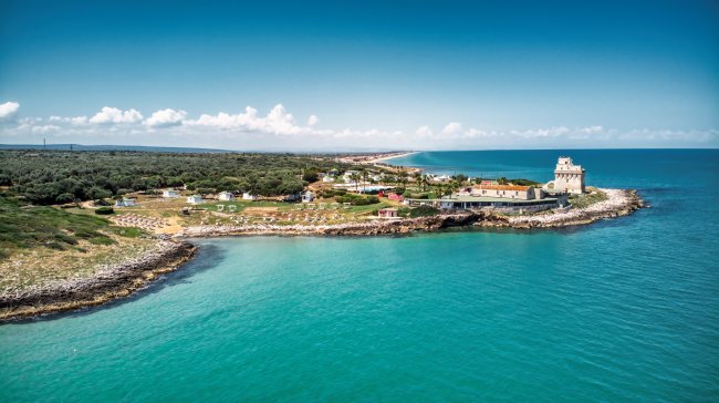 Veduta aerea di una costa con un promontorio verde, spiaggia e un edificio vicino all'acqua.